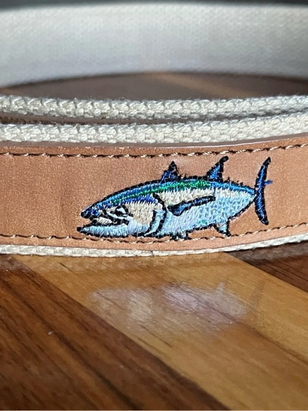 Guy Harvey Tuna Embroidered Leather Belt Sz 38 Solid Brass Fishing